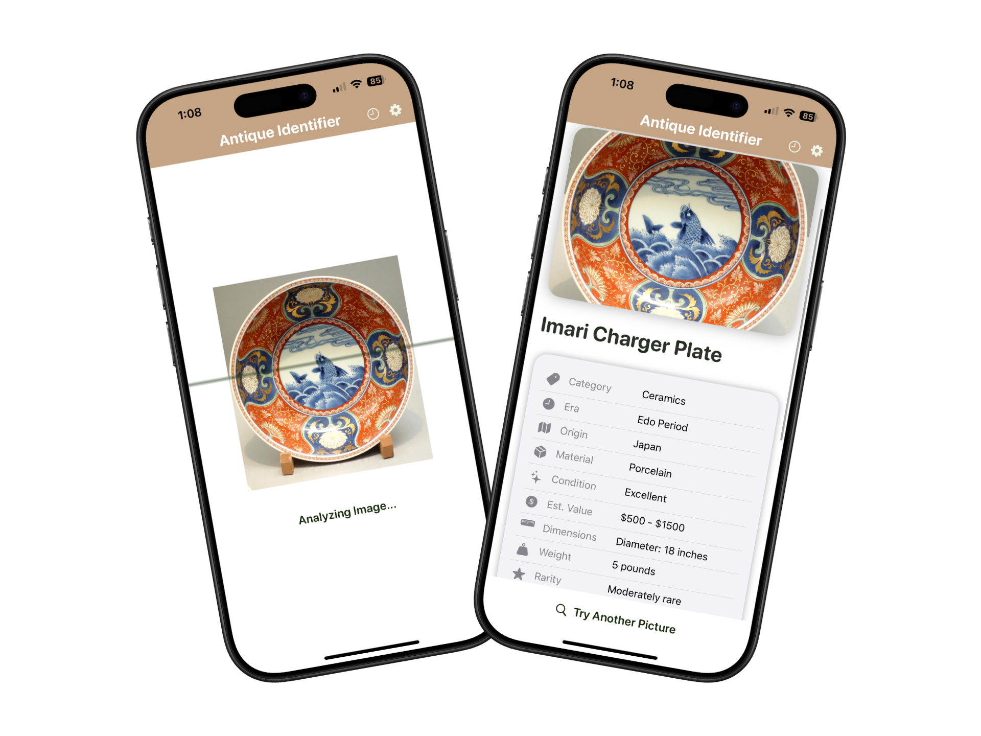 Antique identification app interface showing vintage item identification features