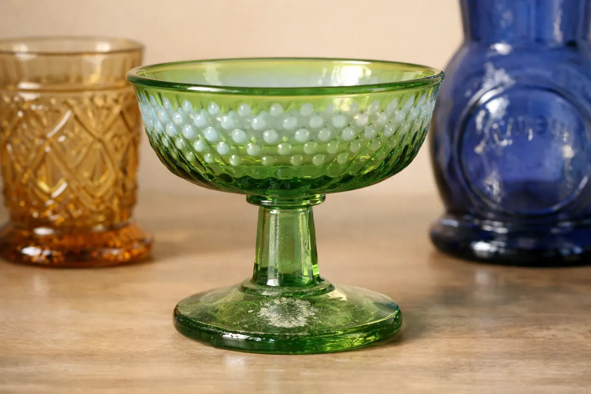 Antique glassware close-up showing rim, base, seam, pontil mark, color, pattern, and maker mark clues