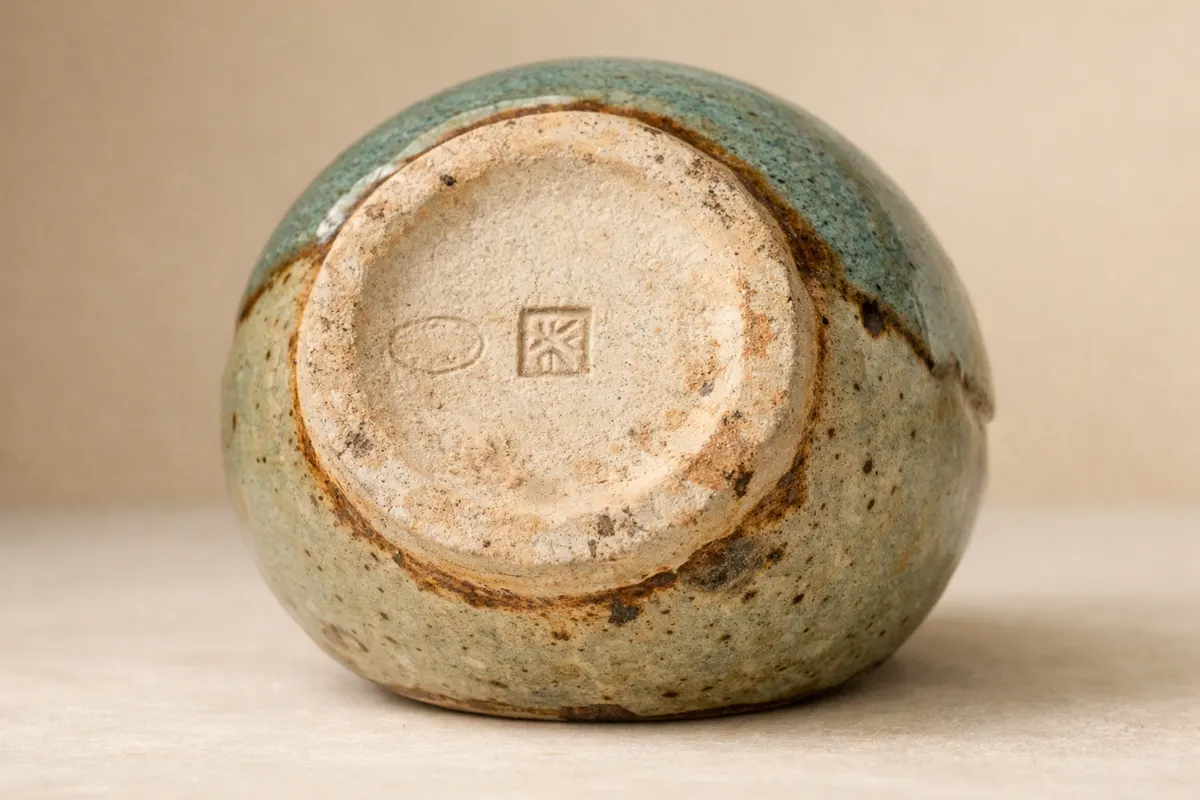 Ceramic base photo with simple callouts for maker mark, impressed stamp, glaze, shape, and condition